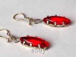 Vintage USSR Sterling Silver 875 Womens Jewelry Stud Ear Earrings Red Stone