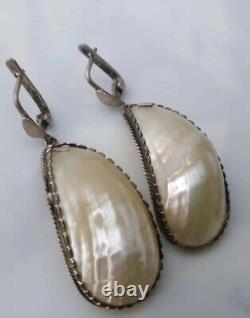 Vintage USSR Women's Earrings Sterling Silver 925 Stone Natural Mother-of-Pearl