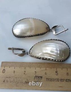 Vintage USSR Women's Earrings Sterling Silver 925 Stone Natural Mother-of-Pearl