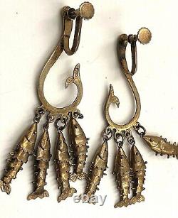 Vintage Unique Fish Hook Gold Vermeil Chandelier Earrings Sterling Silver Signed