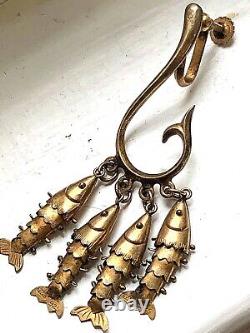 Vintage Unique Fish Hook Gold Vermeil Chandelier Earrings Sterling Silver Signed