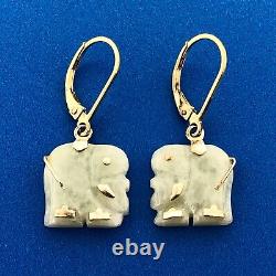 Vintage Vermeil 925 Sterling Silver Gold Toned Jade Elephant Dangle Earrings