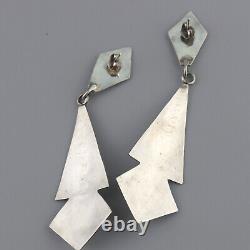 Vintage Very Long Southwest Stamped Sterling Silver Onyx Geometric Earrings