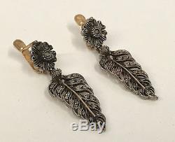 Vintage Victorian 18k Gold Rose Cut Diamond Earrings With Sterling Flower Leaves