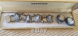 Vintage Wedgewood Blue Rainbow Cameo Link Sterling Bracelet & Earring Set