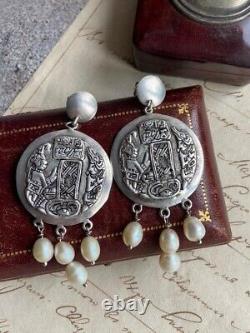 Vintage Women's Jewelry Earrings Mother of Pearl Sterling Silver 800 Antique