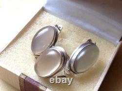 Vintage Women's Set Jewelry Sterling Silver 925 Earrings Ring Natural Chalcedony