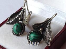 Vintage Womens Jewelry Earrings Ear Sterling Silver Filigree 925 Stone Malachite