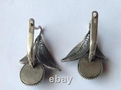 Vintage Womens Jewelry Earrings Ear Sterling Silver Filigree 925 Stone Malachite