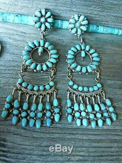 Vintage ZUNI Chandelier Earrings with Sterling Silver and Turquoise Signed 3.75