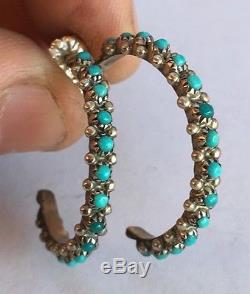 Vintage ZUNI Native American Sterling Silver Turquoise PETIT POINT Hoop EARRINGS