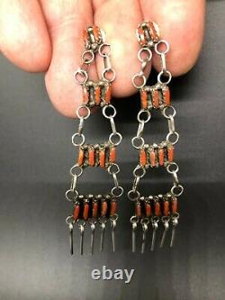 Vintage ZUNI Sterling SILVER & CORAL Petit Point Needlepoint Chandelier EARRINGS