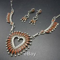 Vintage ZUNI Sterling Silver CORAL Needlepoint NECKLACE and EARRINGS Heart Set