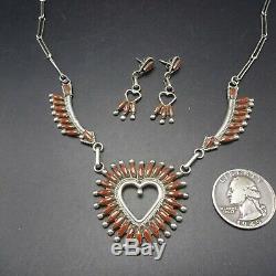 Vintage ZUNI Sterling Silver CORAL Needlepoint NECKLACE and EARRINGS Heart Set