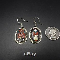 Vintage ZUNI Sterling Silver KACHINA INLAY Turquoise Coral MOP Pierced EARRINGS