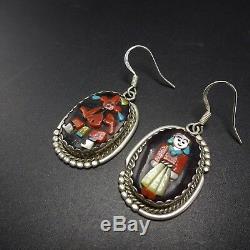 Vintage ZUNI Sterling Silver KACHINA INLAY Turquoise Coral MOP Pierced EARRINGS