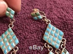 Vintage ZUNI Sterling Silver & TURQUOISE EARRINGS Inlaid Cabs