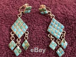 Vintage ZUNI Sterling Silver & TURQUOISE EARRINGS Inlaid Cabs