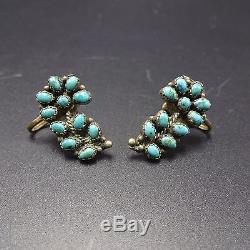 Vintage ZUNI Sterling Silver & TURQUOISE Petit Point Cluster EARRINGS Screw Back