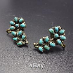 Vintage ZUNI Sterling Silver & TURQUOISE Petit Point Cluster EARRINGS Screw Back
