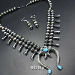 Vintage ZUNI Sterling Silver TURQUOISE Squash Blossom NECKLACE EARRINGS Set