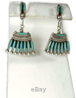 Vintage ZUNI Sterling Silver Turquoise PETIT POINT Dangle Post Earrings