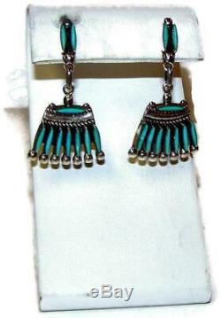 Vintage ZUNI Sterling Silver Turquoise PETIT POINT Dangle Post Earrings