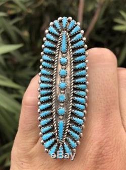 Vintage Zuni 2 7/8 Sterling Silver Needle Point Sleeping Beauty Turquoise Ring