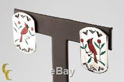 Vintage Zuni Cardinal Red Coral Inlay Sterling Silver hand signed Earrings