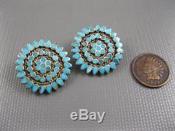 Vintage Zuni Dishta Sterling Flush Inlay Turquoise Snowflake Earring Clips
