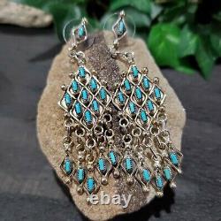 Vintage Zuni Earrings Sterling Silver and Turquoise Needlepoint