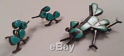 Vintage Zuni Indian Sterling Silver Turquoise Inlay Pendant Pin Earrings Set
