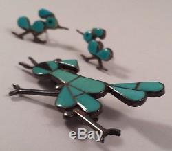 Vintage Zuni Indian Sterling Silver Turquoise Inlay Pendant Pin Earrings Set