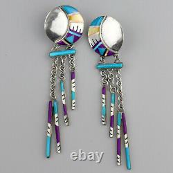 Vintage Zuni Inlay Long Chandelier Earrings Native American Sterling Micro Inaly