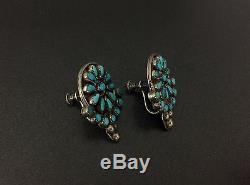 Vintage Zuni Native Indian Sterling Silver Turquoise Flowers Screw-on Earrings