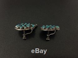 Vintage Zuni Native Indian Sterling Silver Turquoise Flowers Screw-on Earrings