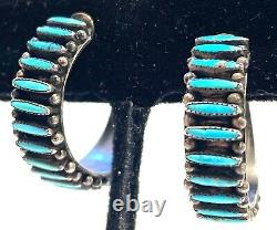 Vintage Zuni Needlepoint Turquoise Hoop Earrings Screw Backs Sterling Harvey Era