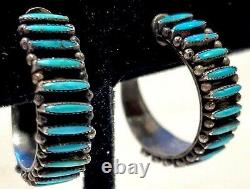 Vintage Zuni Needlepoint Turquoise Hoop Earrings Screw Backs Sterling Harvey Era