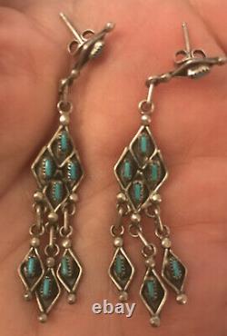 Vintage Zuni Old Pawn Sterling Silver Turquoise Petit Point Chandelier Earrings