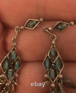 Vintage Zuni Old Pawn Sterling Silver Turquoise Petit Point Chandelier Earrings