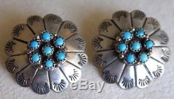 Vintage Zuni Petit Point Turquoise CONCHO Pierced Sterling Silver Pawn Earrings