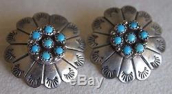 Vintage Zuni Petit Point Turquoise CONCHO Pierced Sterling Silver Pawn Earrings