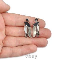 Vintage Zuni Quail Stud Earrings Sterling Silver with Jet, Coral, Shell Inlay
