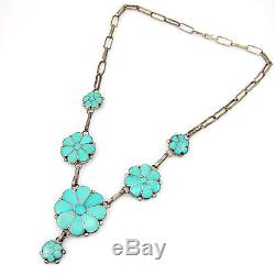 Vintage Zuni Signed VK Sterling Silver Turquoise Inlay Flower Necklace G AI