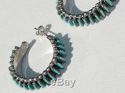 Vintage Zuni Sterling Earrings, Intricate Blue Turquoise Needlepoint Hoops