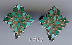 Vintage Zuni Sterling Green & Blue Flush Inlay Turquoise Screwback Earrings