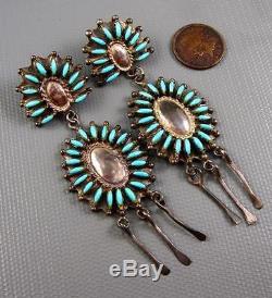Vintage Zuni Sterling Repousse Turquoise Needle Point Earrings 3 Inches