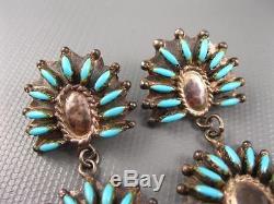 Vintage Zuni Sterling Repousse Turquoise Needle Point Earrings 3 Inches