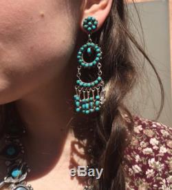 Vintage Zuni Sterling Silver And Turquoise Long Chandelier Earrings P. Laate