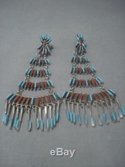 Vintage Zuni Sterling Silver Chandelier Turquoise Coral Earrings